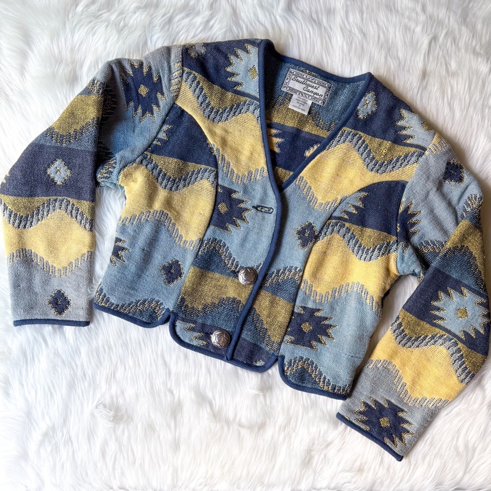 Vintage 1980’s Southwest Canyon Blue Yellow Cropped Bolo Aztec Tapestry Jacket M